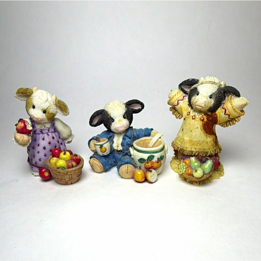 Enesco Mary Rhyner-Nadig This & That Cow Figurines Lot of 3 w/ Fruit Baskets